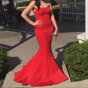 Red strapless prom dress